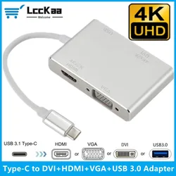 4 in 1 USB C to VGA HDMI DVI USB 3.0 Adapter Cable 4K USB3.1 Type-C Hub Converter for Mac Pro MacBook Air iPad Pro XPS and More