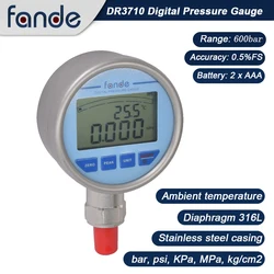 600bar Pressure Gauge Manometer 60MPa Accuracy 0.5%FS 4 Digits Display Stainless Steel Air Gas Liquid Fuel Connection G1/4