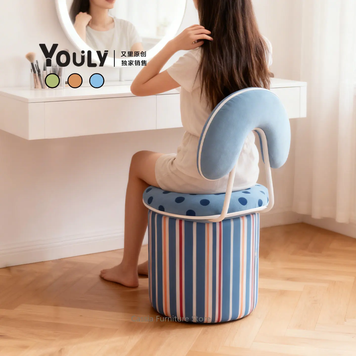 Trendy Two-Tone Mushroom Stool with Backrest for Bedroom, Ins Style Designer Vanity Chair view 3