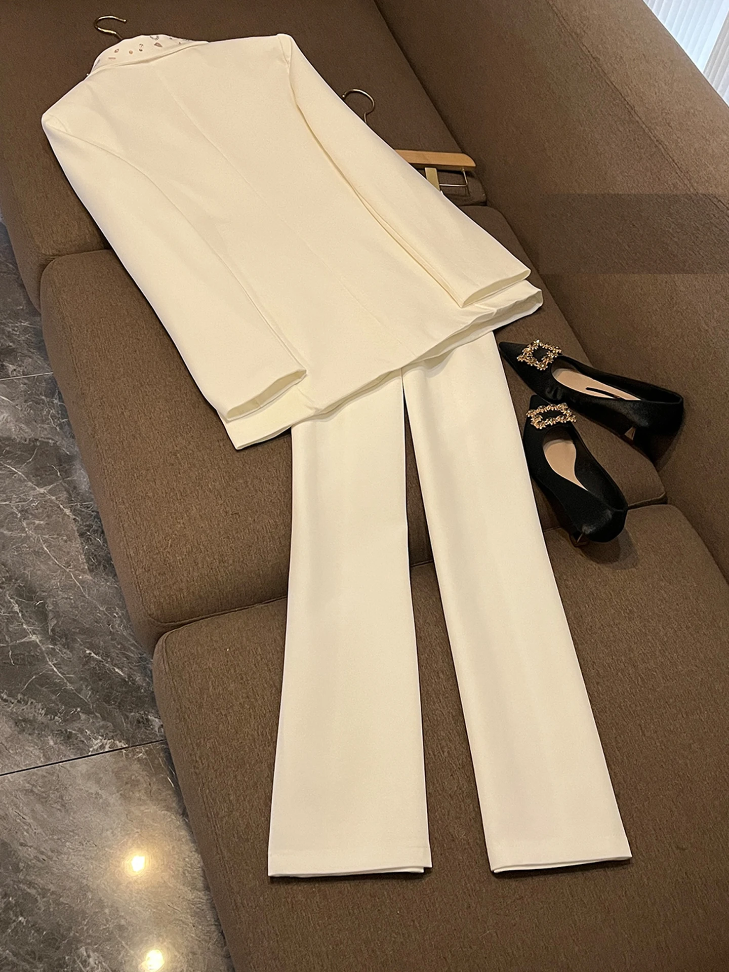 Busin Suit Set High Waist Slim Straight Pants Long Sve Diamond Design Outerwear for Women Commute Faion 2025 Autumn W...