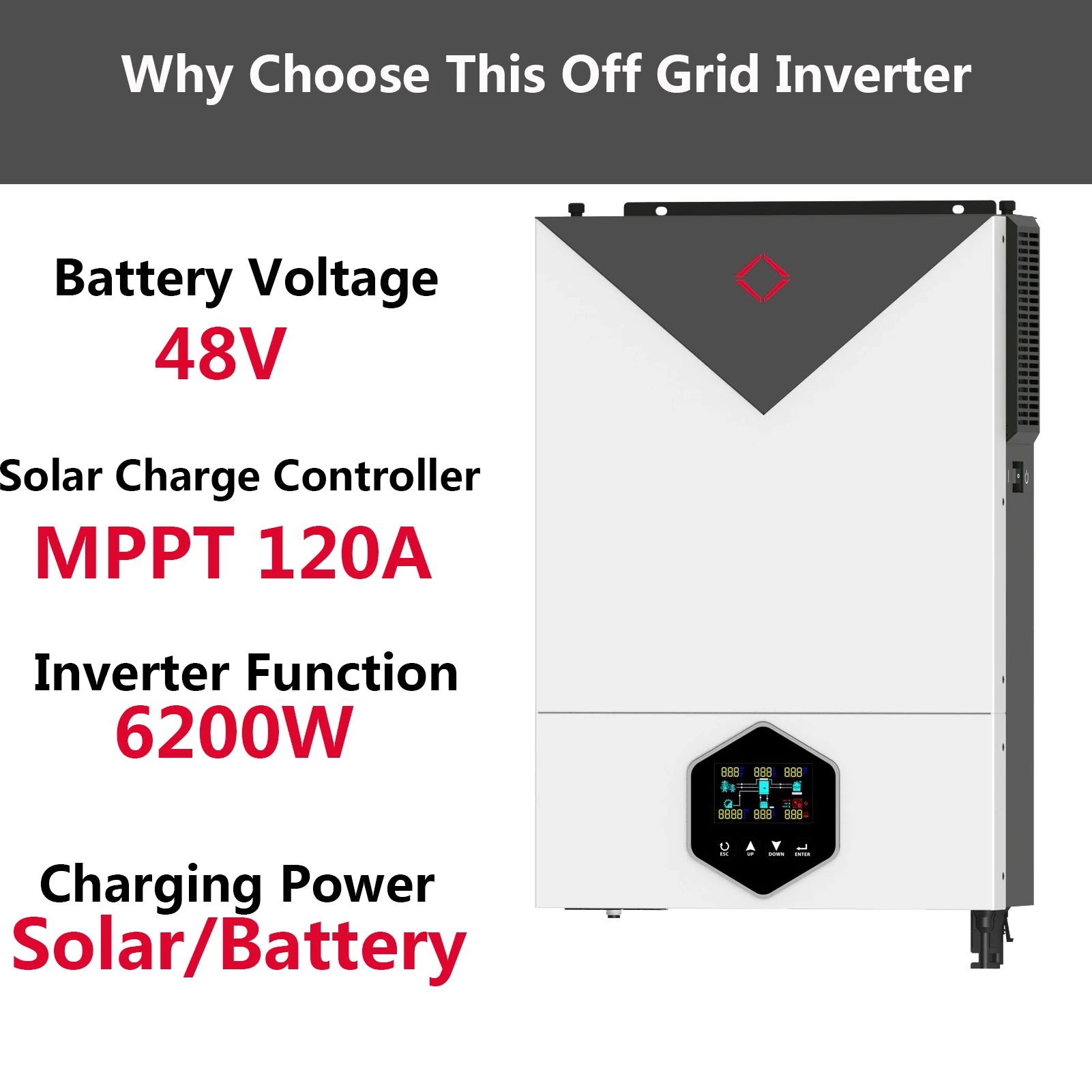6200W MPS Solar Inverter Inverter On-Grid/Off-Grid Pure Sine Wave 48V DC Input MPPT 120A Solar Charge Max PV Power 6200W