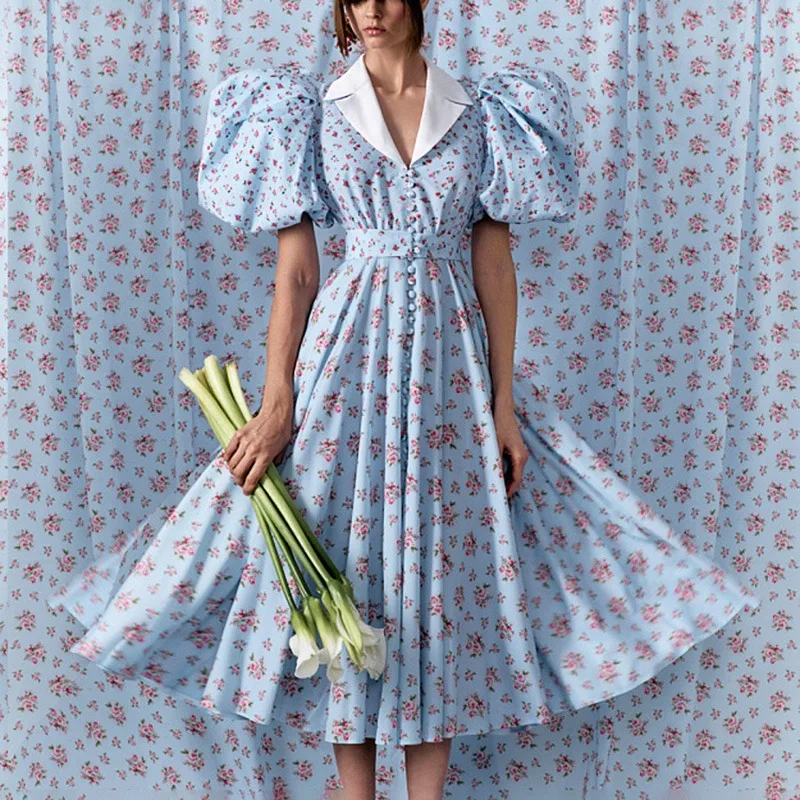 

Ticketsx Printed V Neck High Waist A-Line Dress Fashion Button Decorate Slim Floral Dress Women Elegant Beach Vacation Vestidos