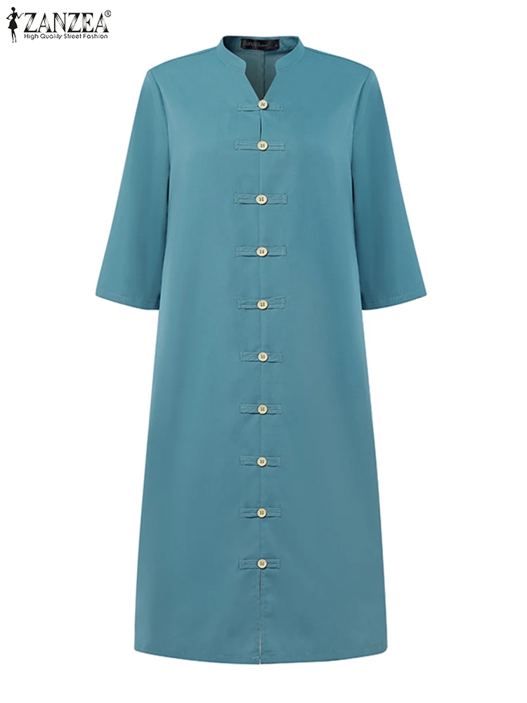 Elegante abito da lavoro OL Vintage a metà polpaccio Vestito estivo estivo Solido Stand Neck Robe 2025 ZANZEA Bottoni casual Manica 3/4 Vestido