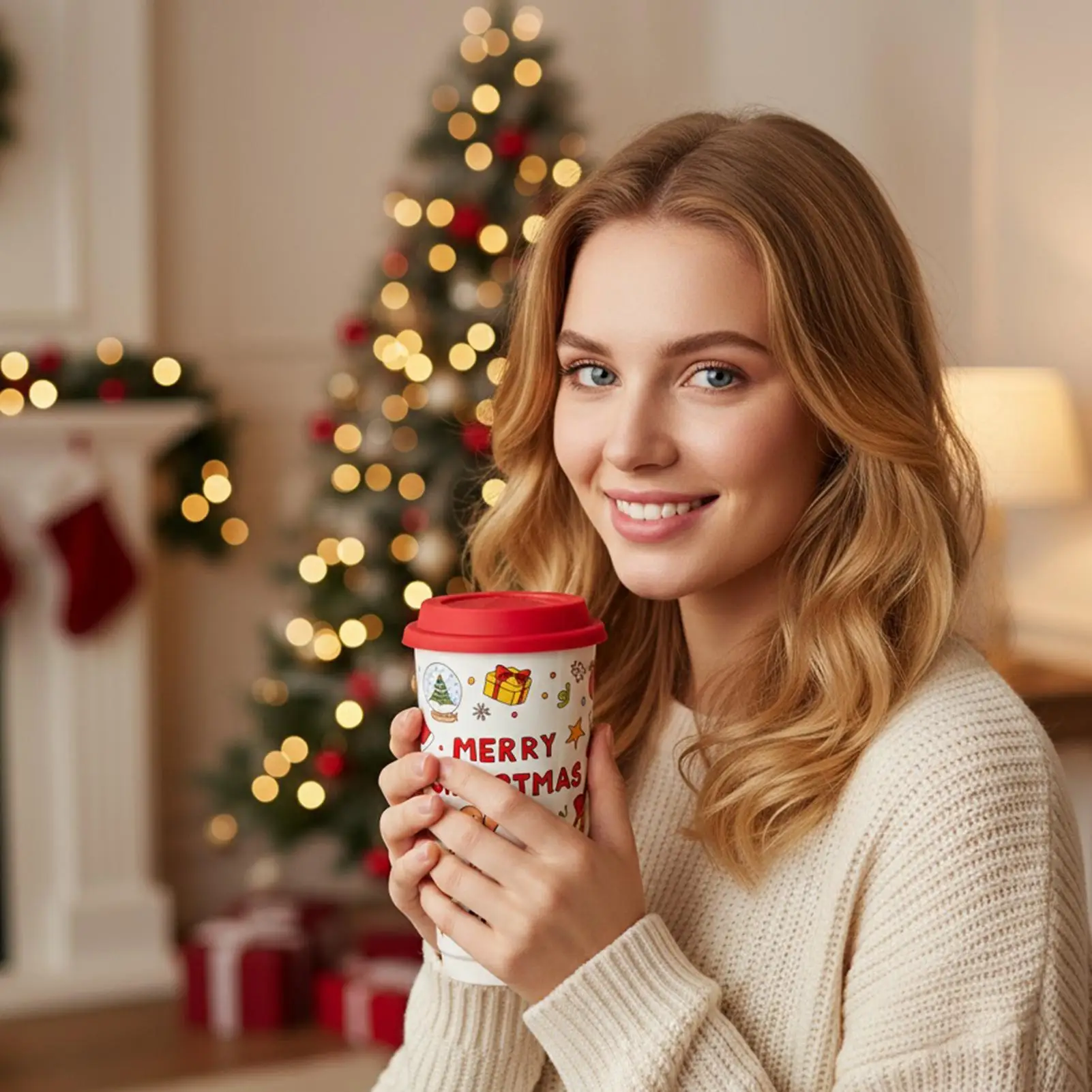 Christmas Coffee Cups 580ml Holiday Festive Reusable Ceramic Drinkware Coffee Cup Tumblers With Lid For Women Coworkers Men