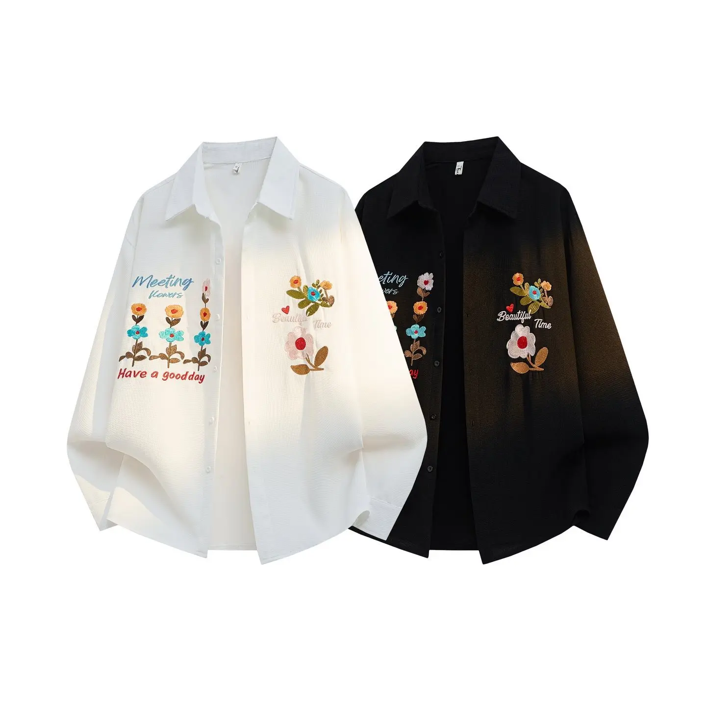 

Spring CS786P45 Controlled 78 3D Floral Embroidery Large Size Stereo Wfle Long Sve irt Loose Fit Cuban Collar ex