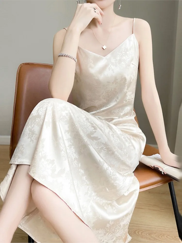 

French Style Summer Elegant Slip Dresses for Women Sexy Slim Satin Sleeveless Camisole A-Line Print Long Dress Female Clothing