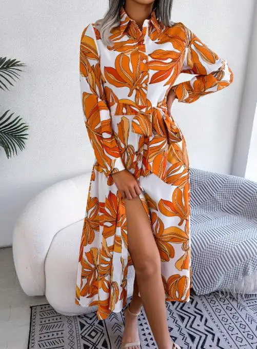 2025 봄 여름 신상 여성 의류, 꽃무늬 라펠 타이 셔츠 롱 스커트, 실시간 촬영, 인기 급상승