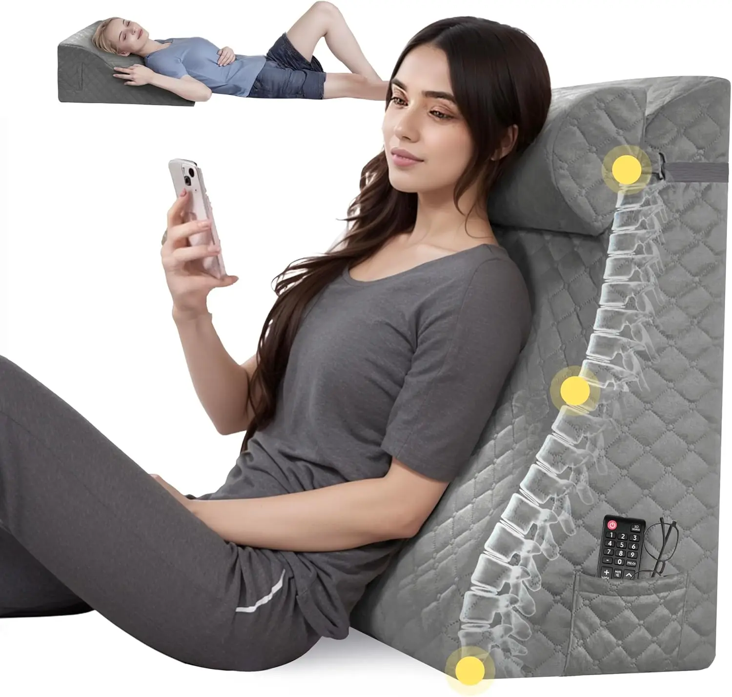 

Регулируемая подушка для поддержки спины для сидения в кровати, чтения и снятия нагрузки с поясницы, серая, 20x12x26 дюймов