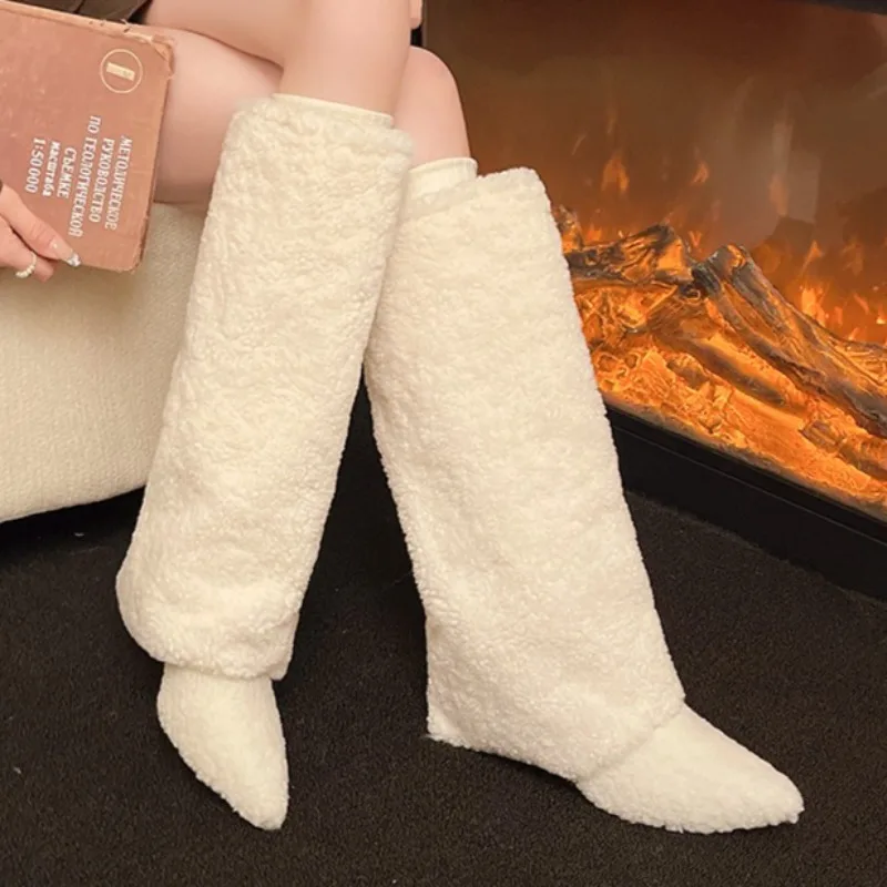 

Pointed Toe Fur Long Boots for Women Designer Mid Heels Winter Elegant Shoes 2025 Fashion Plush Fad New Knee Boots Zapatillas