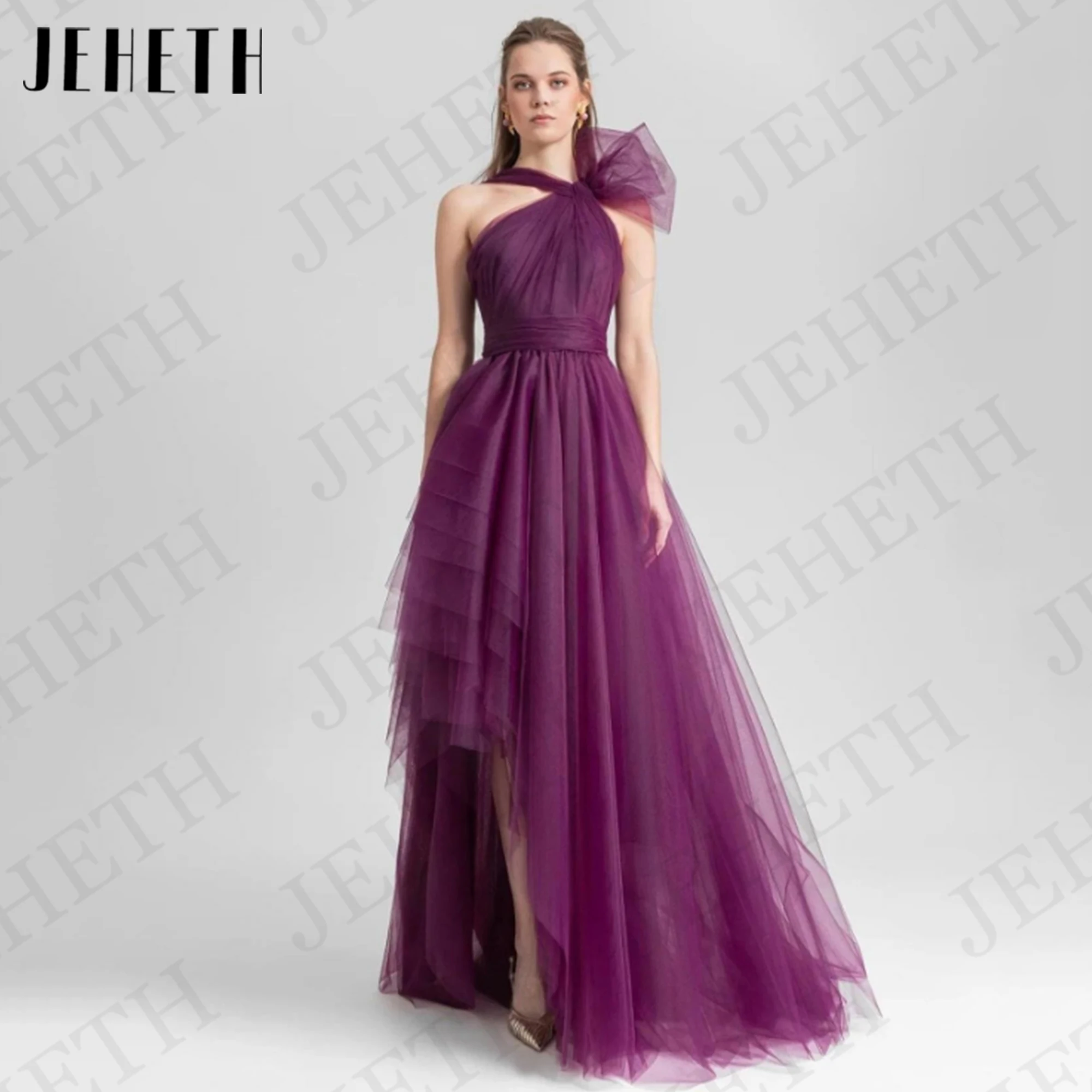 

JEHETH One Shoulder Purple Prom Dress Open Back Tiered Tulle Graduation Dresses A Line Floor Length Sleeveless вечернее платье