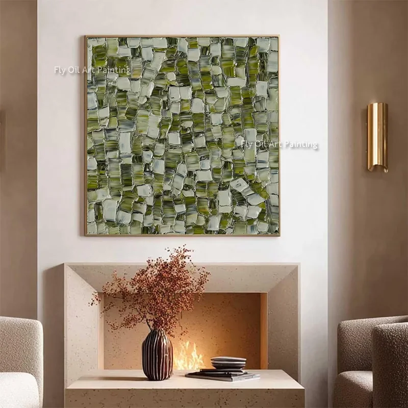 Special Deep Green White Blocks Canvas Thick Artwork Original Hand Made Grass Green Grey Oil Painting Items For Hoem Wall Decor
