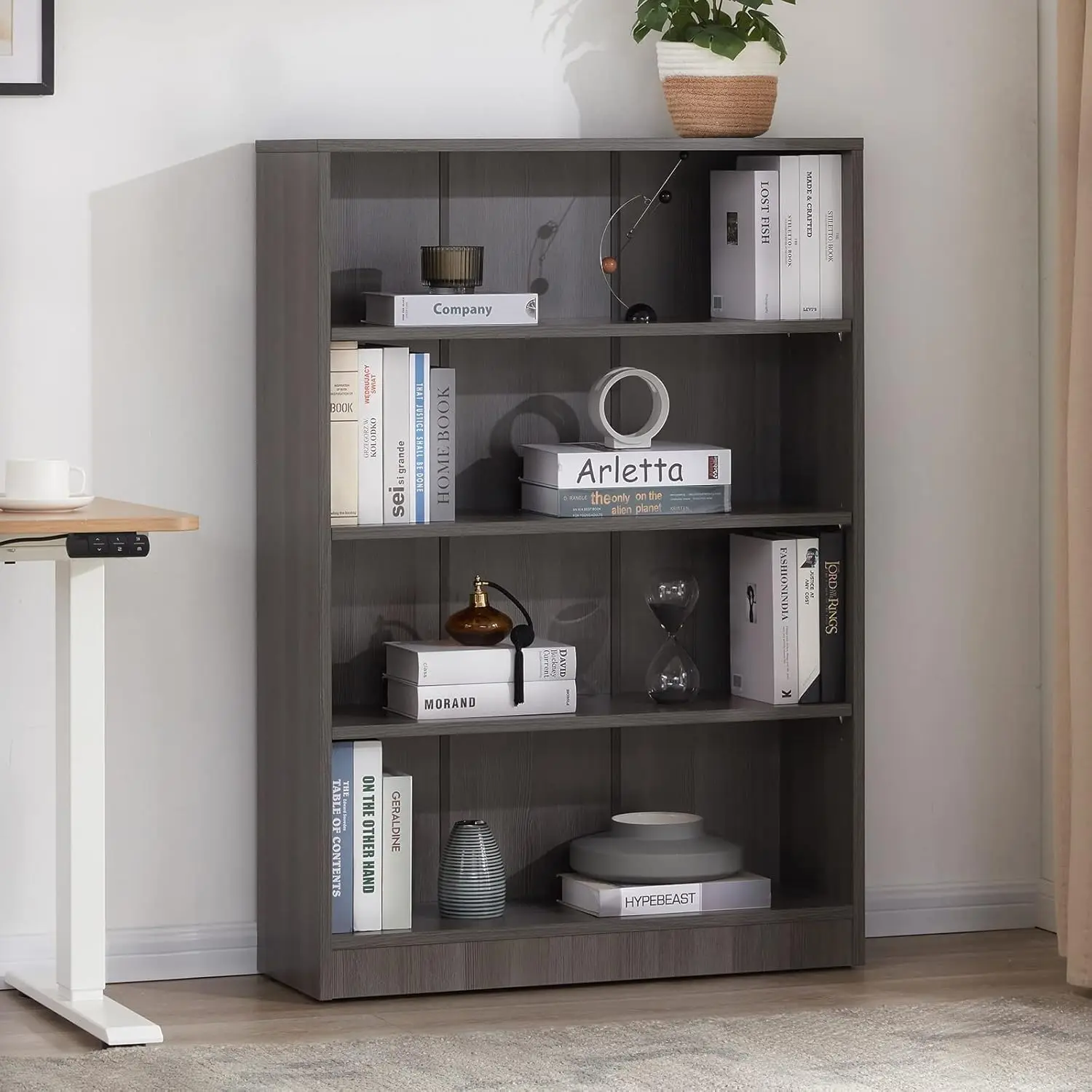 Black Bookshelf 4 Shelf Bookcase 48 Inches Tall Modern Wood Living Room Bedroom Office Tier Wide Storage, Customized