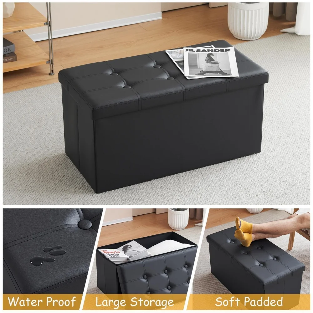 Storage box Foldable Ottoman Seat Toy Storage Box Foot Stool bench home stool B:Faux Leather - Black