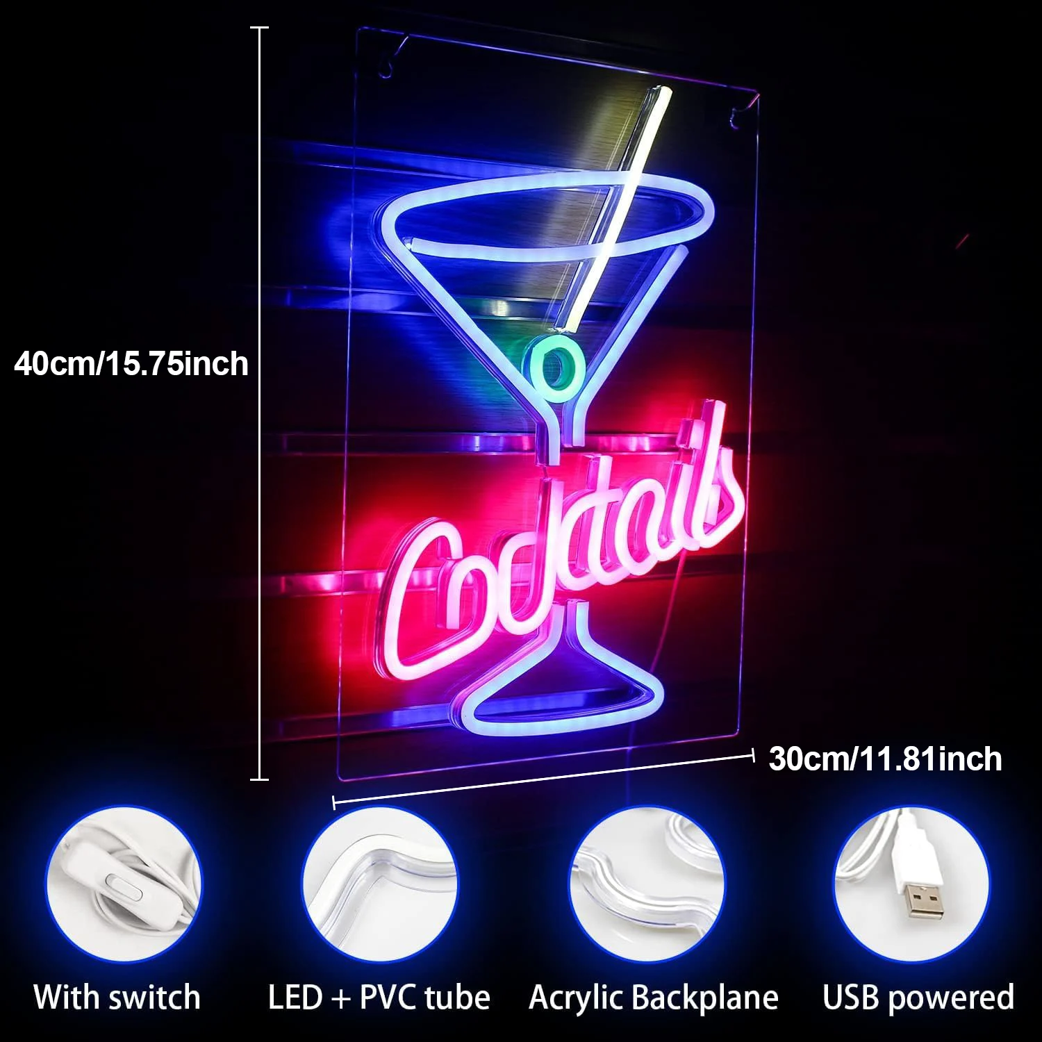 Cocktails Neon Signs USB Powered On/Off Switch Led Neon Bar Signs Hanging Art Wall Decor Night Light for Beer Bar Club Party