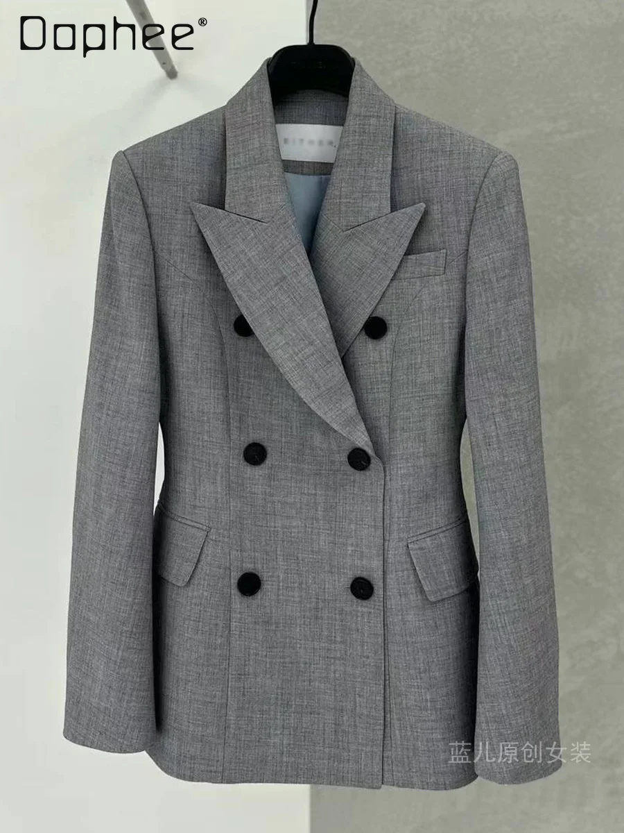 

Gray Blazer for Women Spring Autumn New Korean Chic High-end Waist-cinching Casual Elegant Cross-collar Blazer Commuting Top