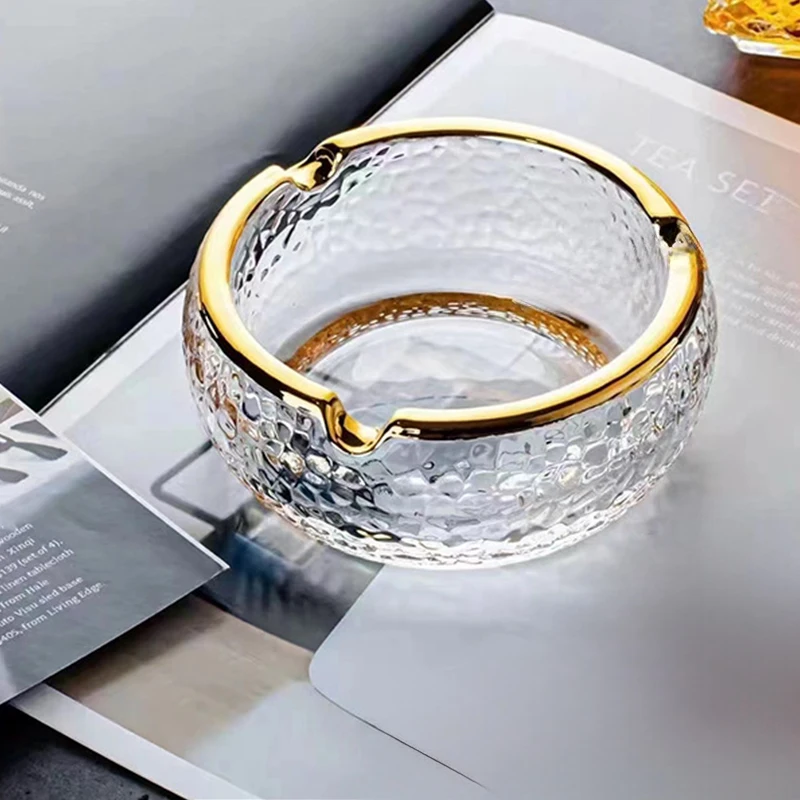 

BOXI Glass Ashtray Gold Rim Diamond Round Design Decorative Ashtray High end light luxury Home Office Desk anti fly ash ashtray