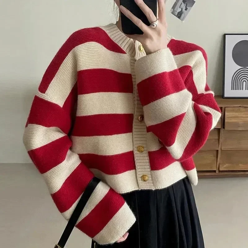 Cropped Cardigan Women Striped Knitted Single Breasted Sweater Long Sleeve Loose Panelled O-Neck Sweet Autumn Winter Top