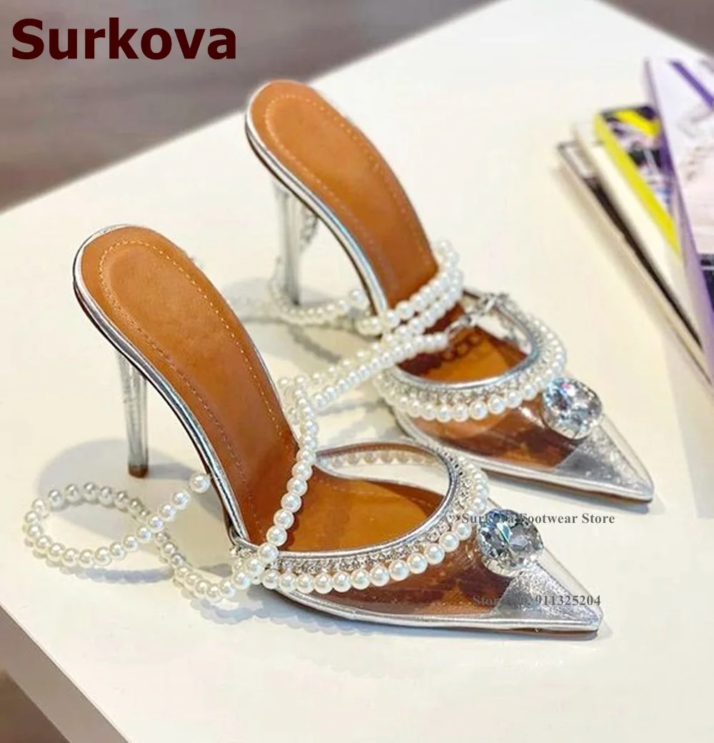 

Surkova White Pearl Stings Strap Wedding Shoes Big Gem Embellished Banquet Pumps Transparent Clear PVC Pointed Toe Crystal Shoes