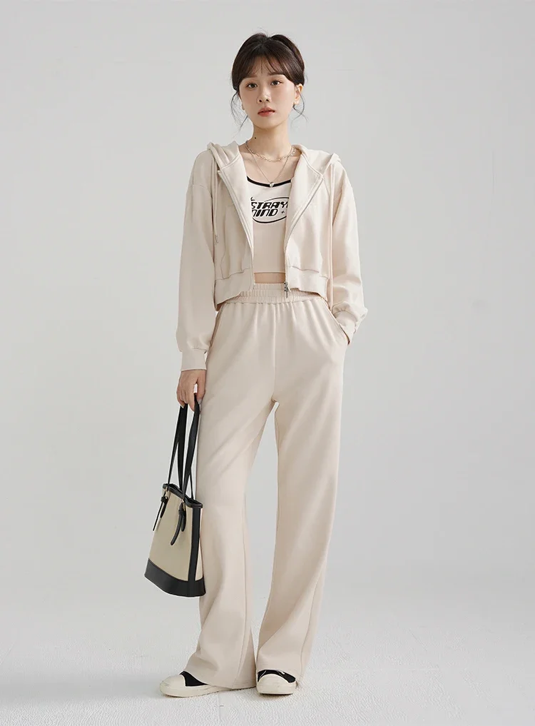 3-Piece Women Sporty Lounge Set Zip-Up Cropped Hoodie Tank Top High Waist Wide-Leg Pants Casual Streetwear Tracksuit Outfit