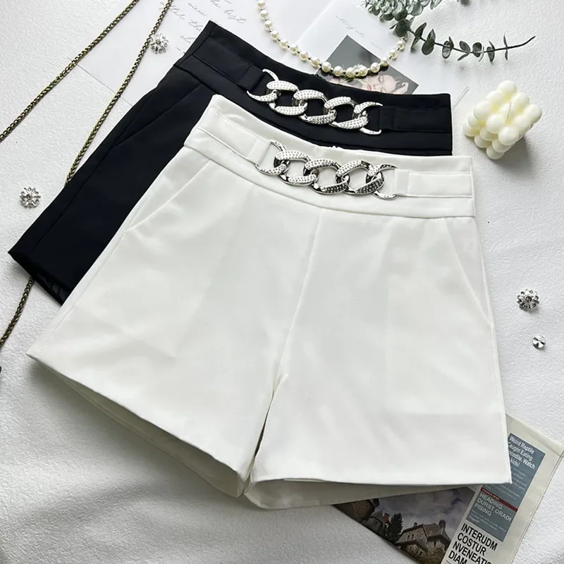 2023 New rhinestone Spring Autumn Women Shorts High Waist Solid Color Office Lady Short-Pants Female Fashion Zipper Up Buttom