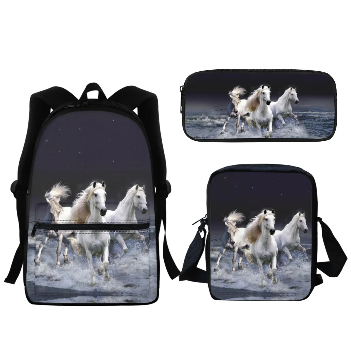 3D Horse Designer Printing Travel Student Backpack Boys Girls School Bag Set 3 Pieces Kids Lunch Small Satchel Bag Learning Tool