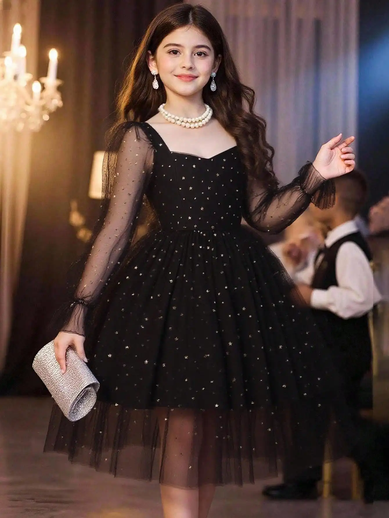 

Черное сетчатое платье с принтом золотых звезд и луны, длинное вечернее платье с длинными рукавами