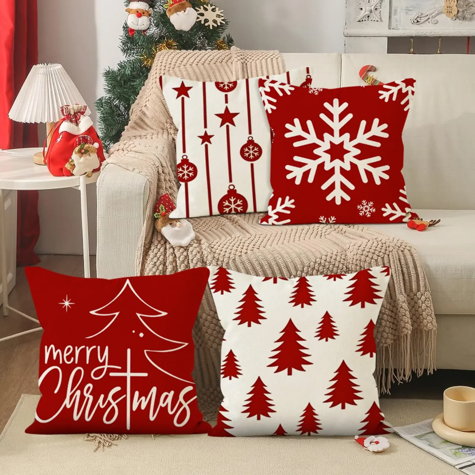 Funda de almohada navideña con estampado de copos de nieve y árbol de Navidad rojo, almohada navideña, decoraciones para