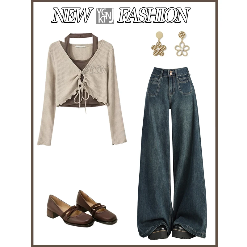 

Новый весенний джинсовый комплект, женский костюм из двух предметов с высокой талией, дизайн Sense, искусственный топ из двух предметов, джинсы с высокой талией, комплект из двух предметов