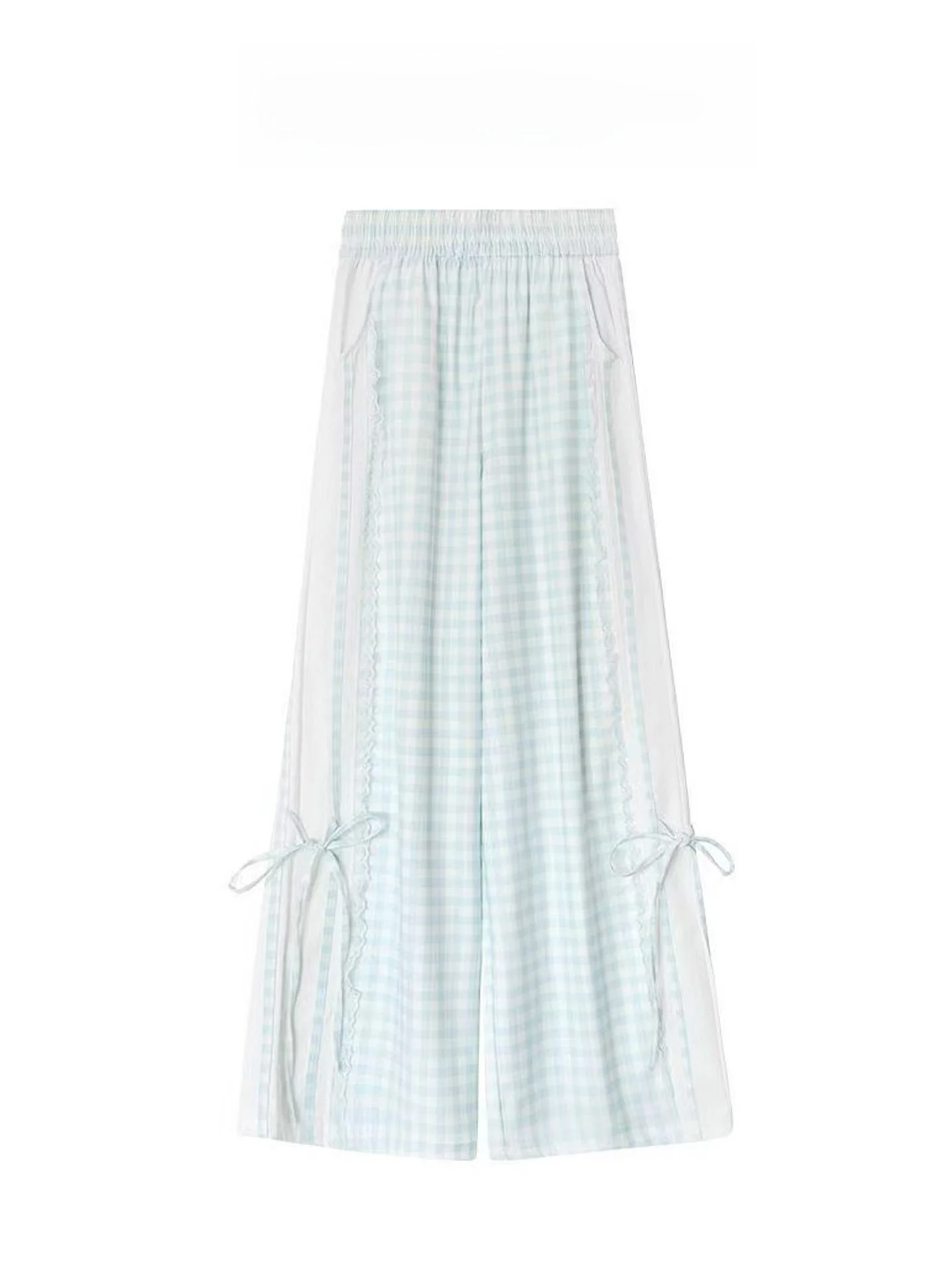 

Blue Plaid Wide Leg Pants Women's Summer Thin High Waist Slimming Design Lace Casual Pants Korean Style Commute Wind