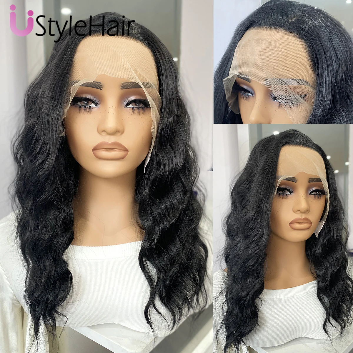 UStyleHair أسود قصير موجة شعر مستعار الاصطناعية الدانتيل شعر مستعار أمامي للنساء شعري طبيعي الاستخدام اليومي الباروكات ألياف مقاومة للحرارة الشعر