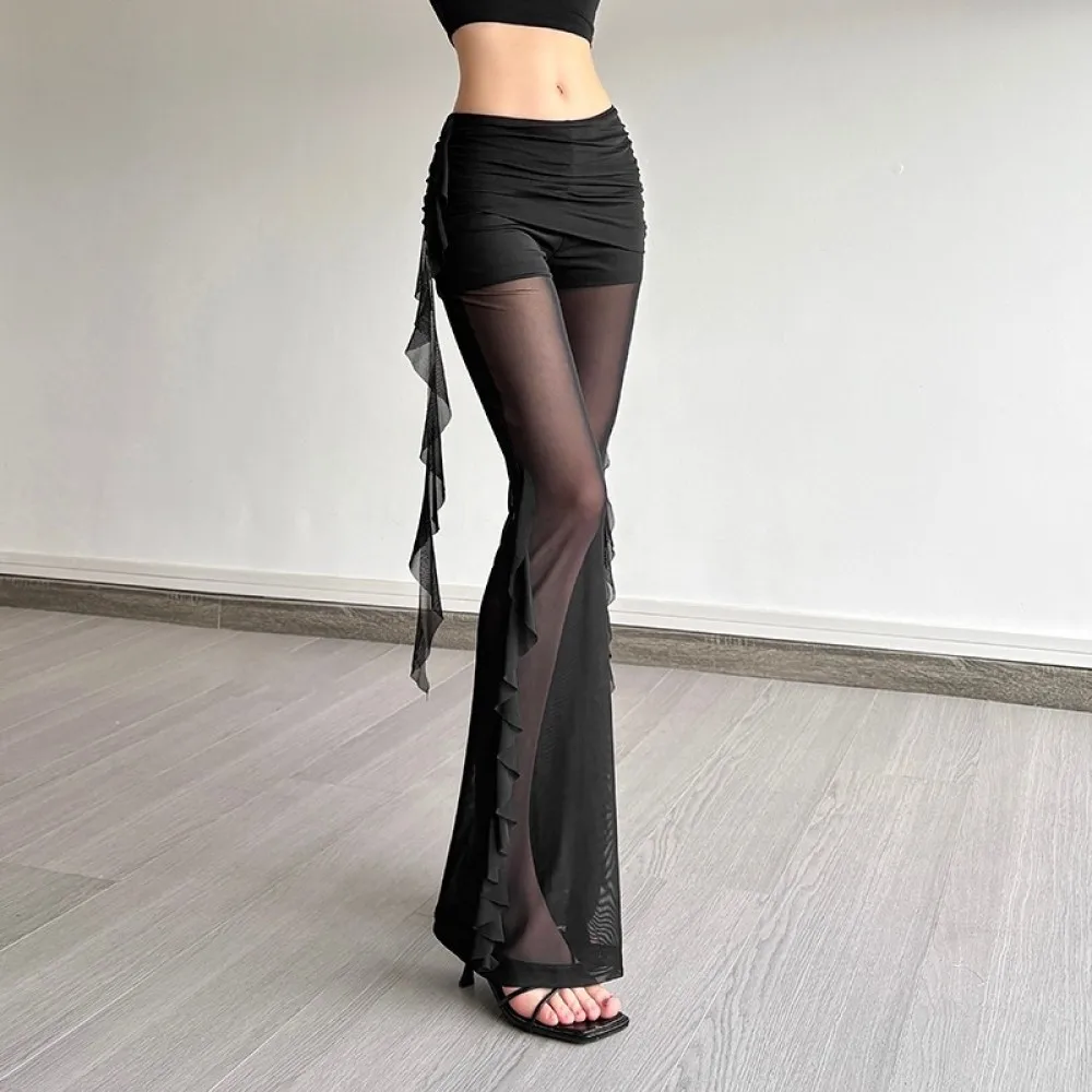 Sylcue Sexy See Through Long Pant Women High Waist Irregular Patchwork Ruched Ruffles Ribbons Versatile Style Elegant Bottoms