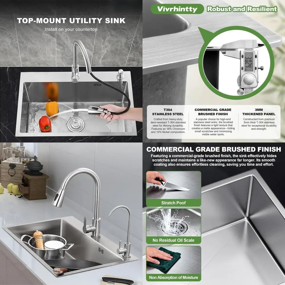 

Кухонная мойка из нержавеющей стали 16 калибра, одинарная чаша, 33x22 дюйма, для установки в столешницу/врезная, серебристая