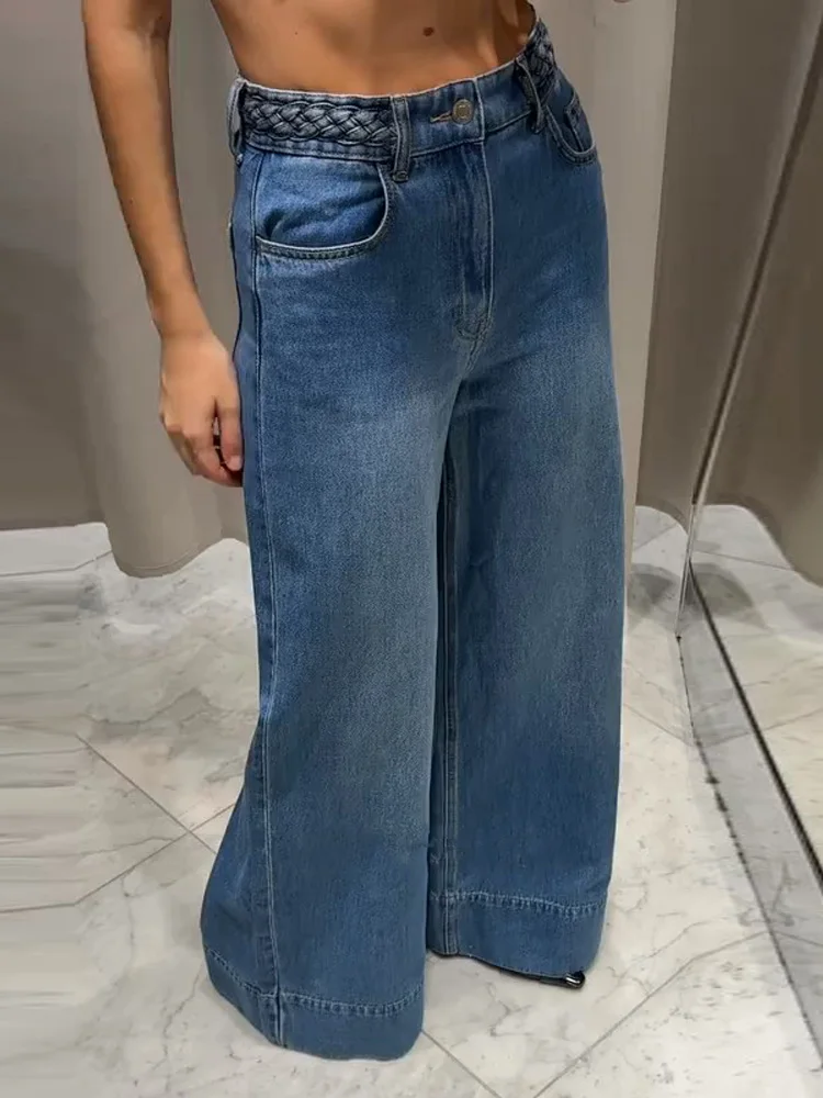

Vintage High Street Women's Denim Trousers Retro Hemp Rope Twisted Flower Mid-waist Female Wide-leg Pants Solid Lady Jeans New