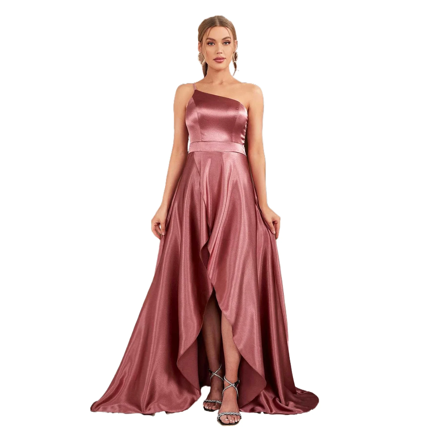 Frech One Shoulderr Ruffles High Low Long Sweep Train Formal Evening Prom Party Dress Pink