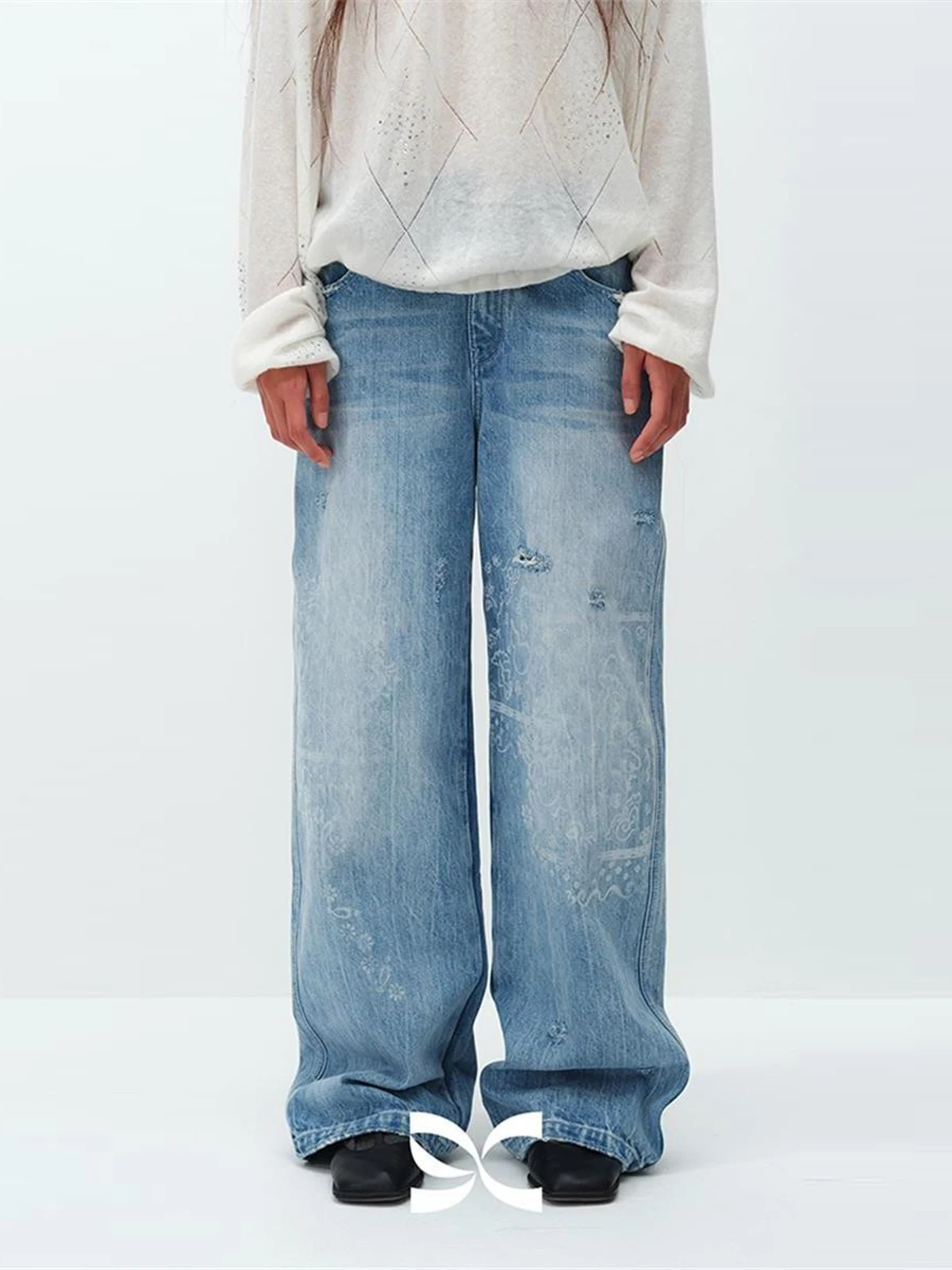 

Новые классические джинсы-стрейт с принтом для женщин, повседневные, удобные, с завышенной талией, длинные брюки