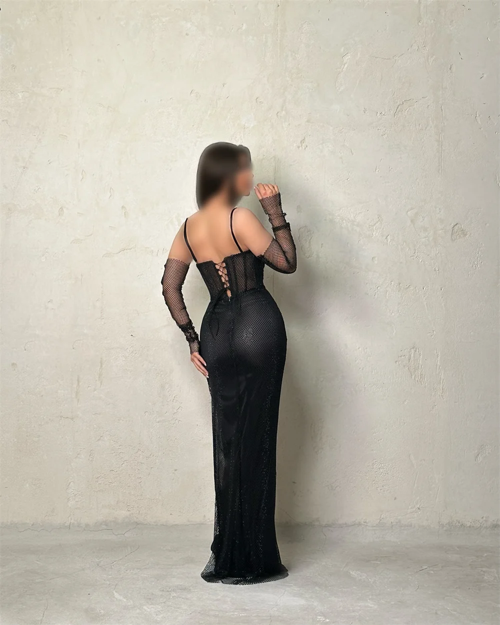 여성용 컨테사 커스텀 스파클리 메쉬 시스루 이브닝 드레스, 슬리브리스 스파게티 스트랩 맥시 가운, 파티용 장갑 포함