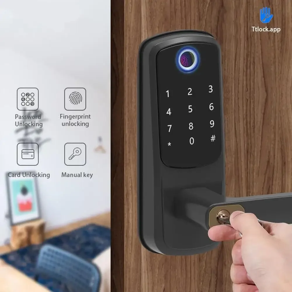 Cerradura de puerta inteligente, teclado biométrico con huella dactilar, pantalla táctil, desbloqueo automático, Control por aplicación, Material de Zinc