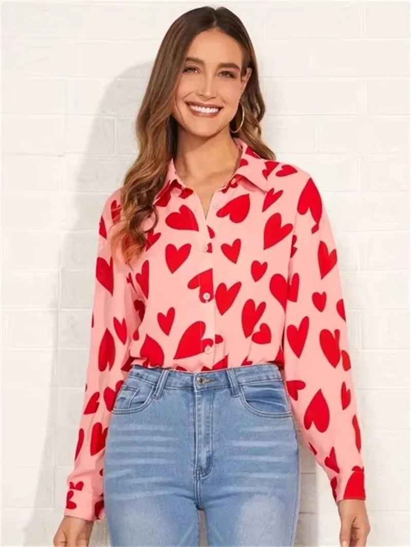 

Love heart Pattern Print Women's Blouses Fashion Elegant Lapel Long Sleeve Shirt Spring New 2025 Women's Single Breasted Shirts