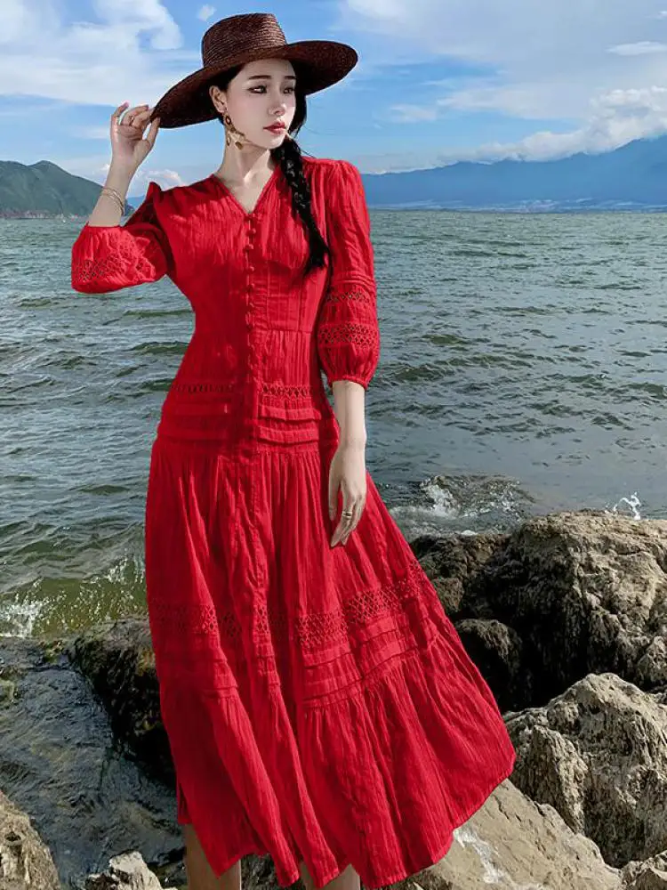 

French Red V Neck Single Breasted Hollowed Out Long Dress Women's White Vacation Three-quarter Sleeve Dress Spring Summer Simple
