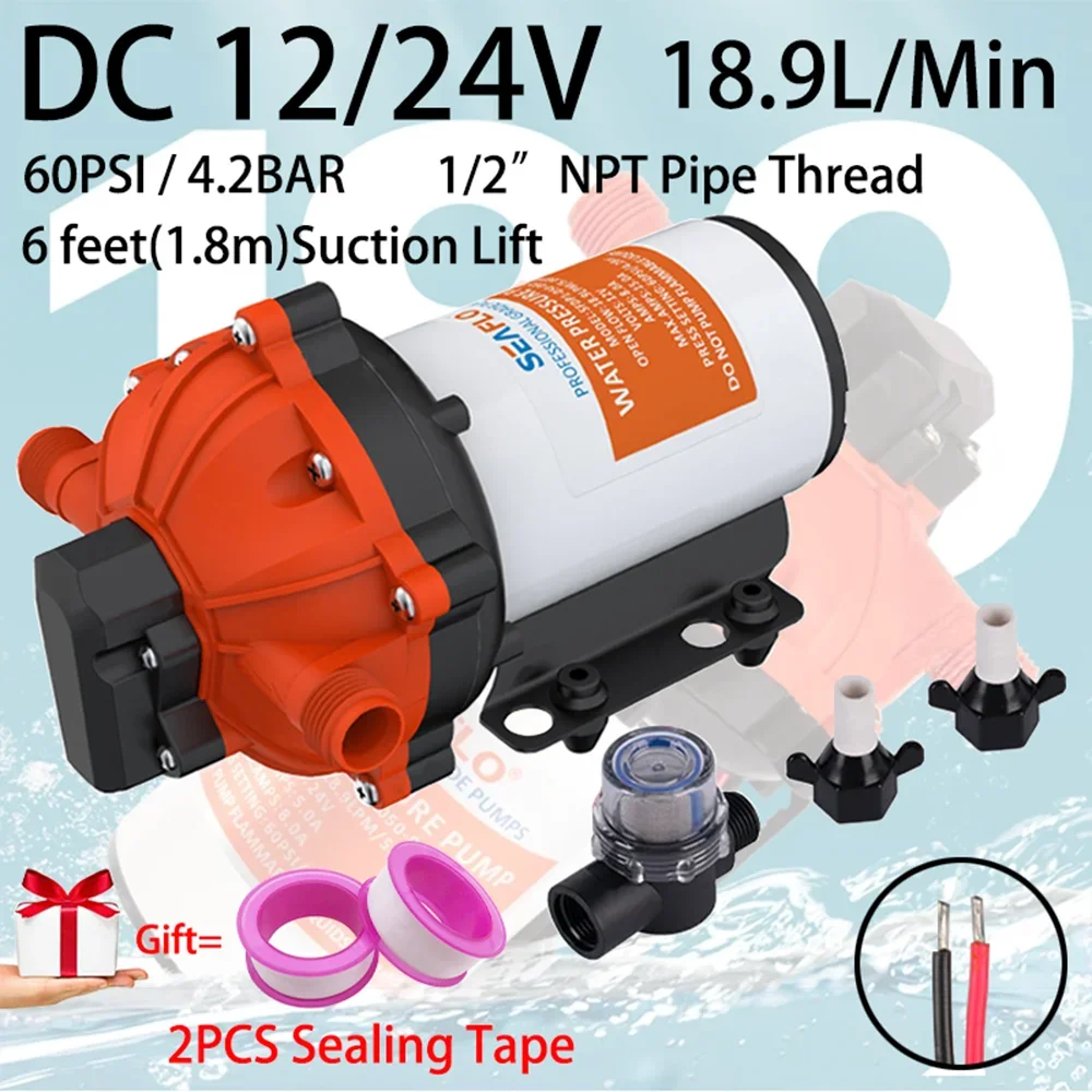 5‑Chamber Diaphragm Water Pump 5.0GPM 60PSI DC12V/24V High‑Pressure Supply Pump for Boat Marine RV Caravan Yacht