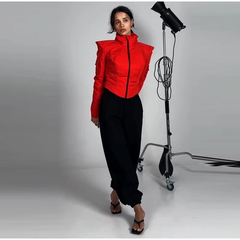 Women's Winter Coat Short Padded Coats Stand Collar Cinched Waist Pad Shoulder Zipper Jacket Street Warm Outerwear For Ladies