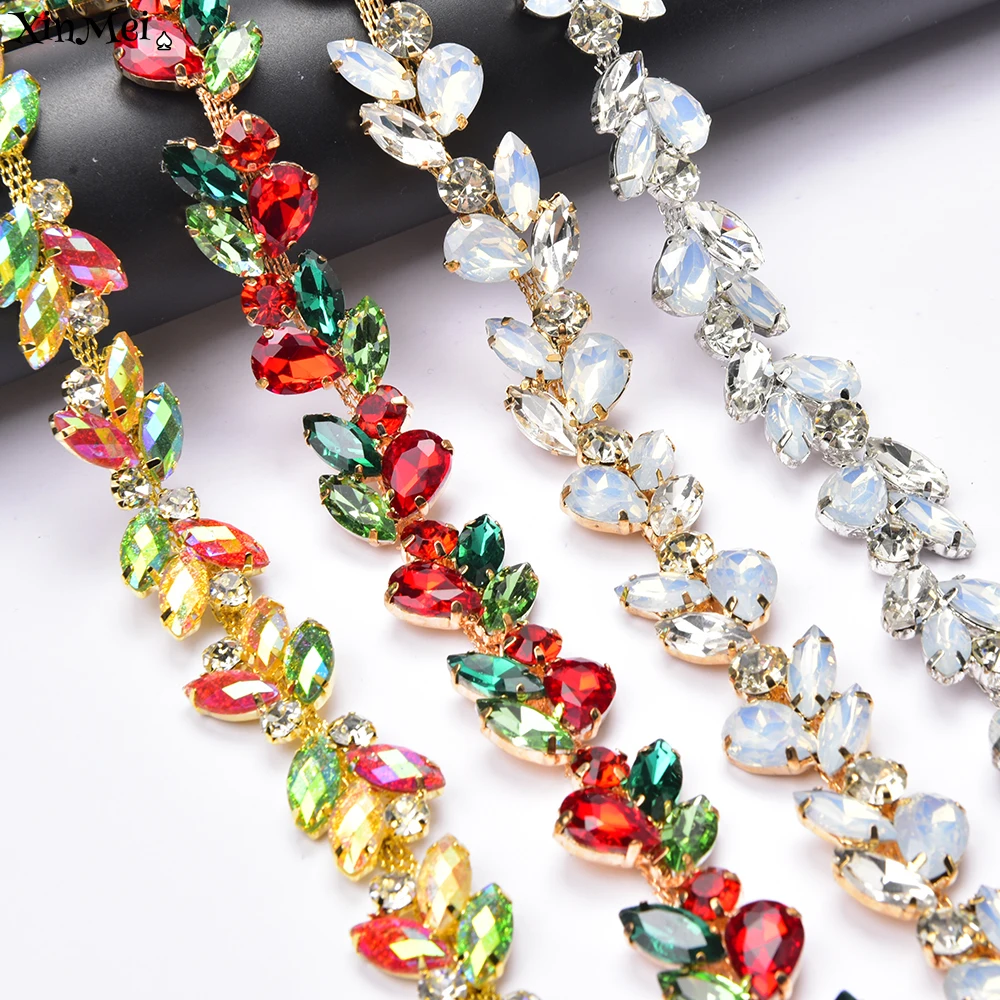 2cm Wide Leaf Rhinestone Chain Glitter Opal Horse Eye Glass Diamond Trim Crystal Ribbon Sew on Bride Sash Clothing Accessories