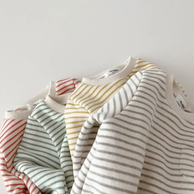 2024 Spring New Baby Striped Romper Boys Girls Simple Striped Casual Jumpsuit Winter Infant Fleece Warm Clothes