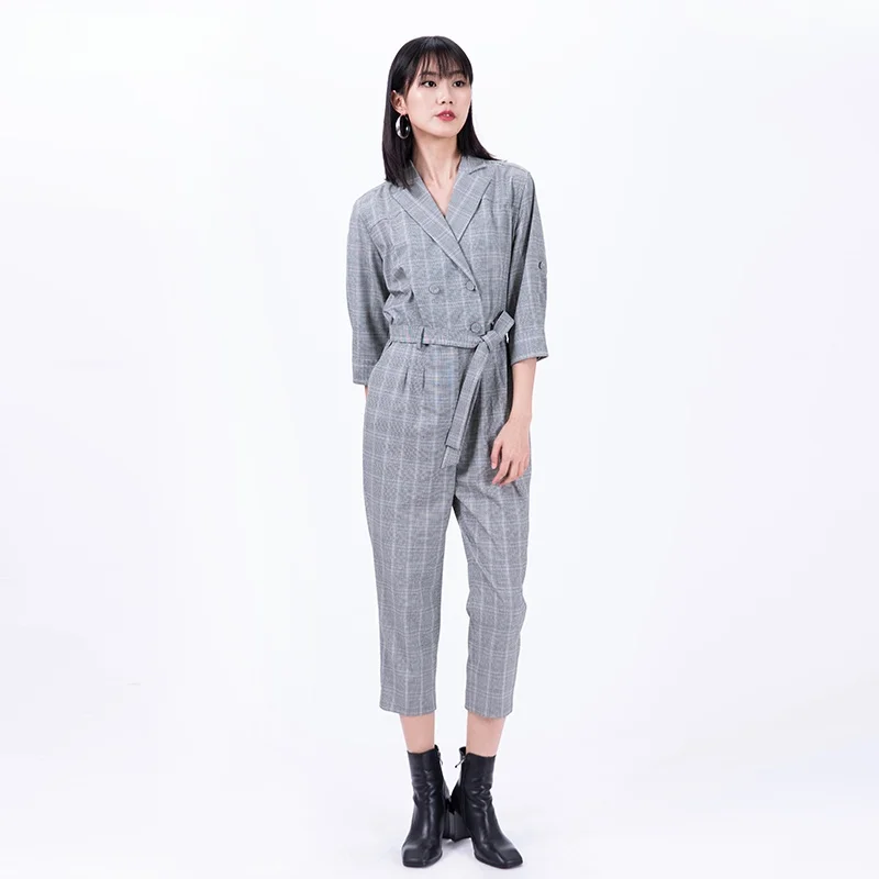 กางเกงขายาวทรงจั๊มสูทลายสก็อต Esons สำหรับผู้หญิง เหมาะสำหรับใส่ทำงาน เอวสูง ผ้าคอตตอนผสม ทรงยาว ใส่สบาย บางเบา สำหรับฤดูใบไม้ผลิ