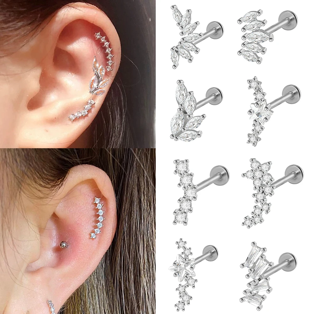 Brinco de aço cirúrgico marquise cz em forma de folha, cartilagem sem fio, piercing de orelha, costas planas, labret, 1-5 peças