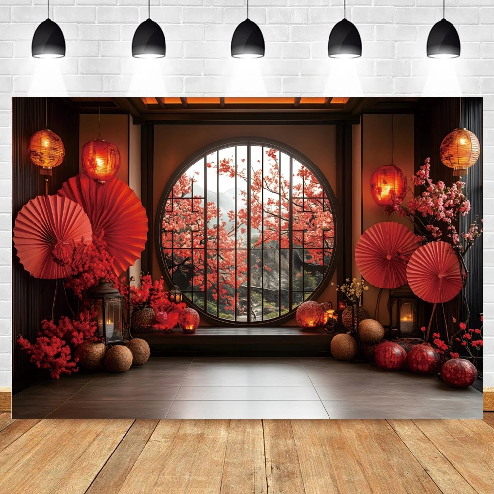 Chinese New Year Red Decoration Backdrop Floral Lantern Chinese Style Wedding Party Deocr Family Portrait Background Photo Props