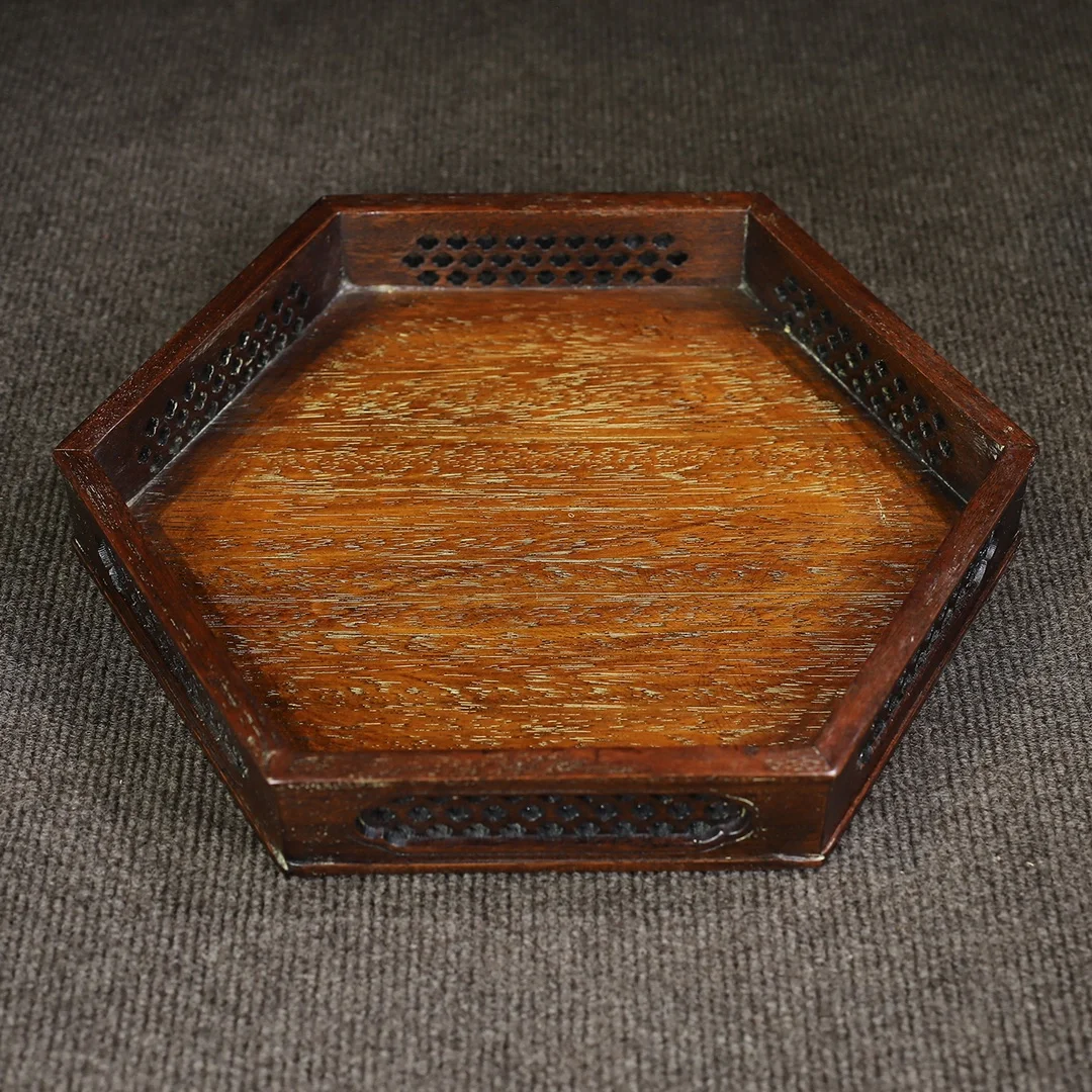 

Rosewood Hollow-Carved Hexagonal Tea Storage Tray