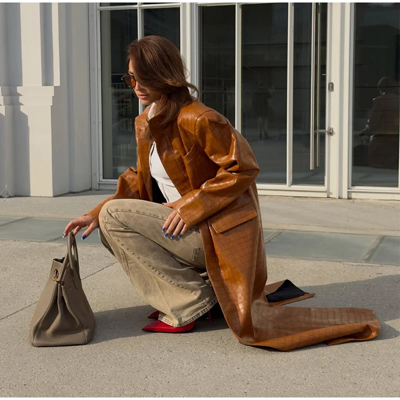 Crocodile Embossed Trench Coat Lapel Collar Button‑Front 2026 Autumn Women Vintage Outerwear Trendy Lady Casual Overcoat