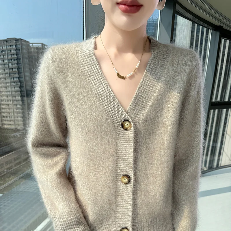 

Новый женский вязаный кардиган с v-образным вырезом, теплый свитер из меха норки 100, с длинными рукавами и пуговицами, утолщенная дорожная куртка