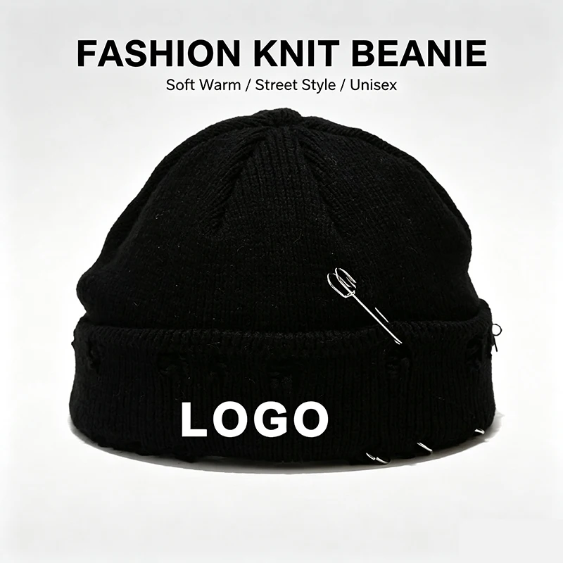 Custom Logo Distressed Safety Pin Knit Beanie Unisex Hip Hop Streetwear Melon Docker Cap